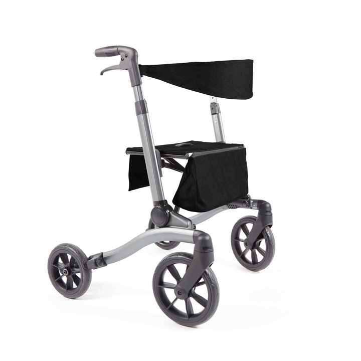 Svart rollator, ergonomisk och kompakt