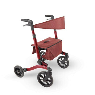 Röd rollator, ergonomisk och kompakt