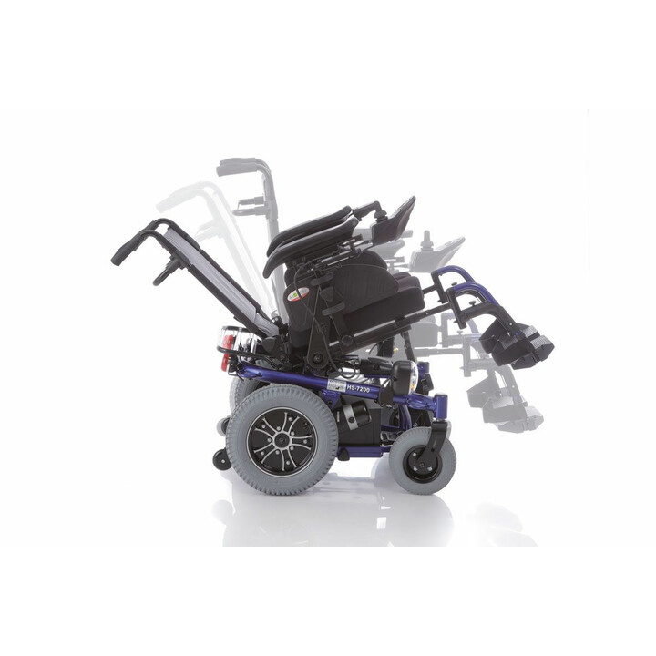 Monipuolinen sähköpyörätuoli sininen teräsrungolla ja säädettävillä käsinojilla