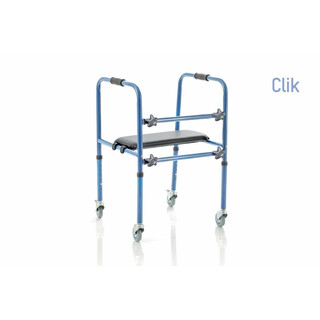 Sininen alumiininen kävelyteline säädettävällä korkeudella ja istuimella