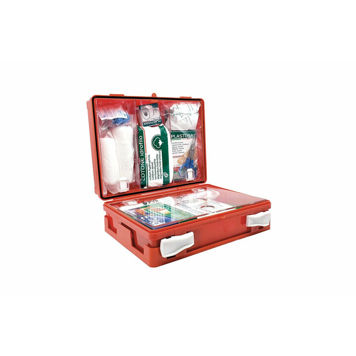 Kattava ensiapulaukku seinäkiinnikkeellä oranssissa ABS-muovikotelossa