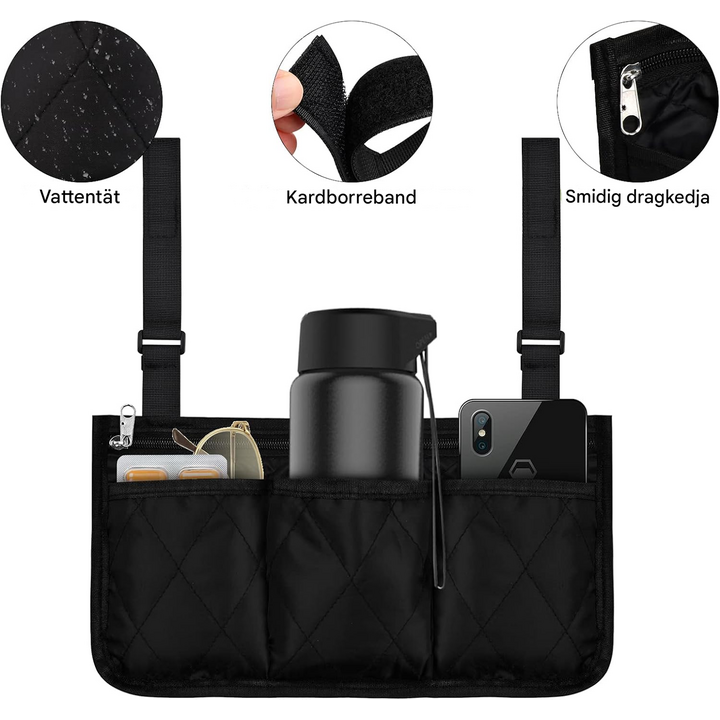 Rullstolsväska med flera fickor och justerbar fästning