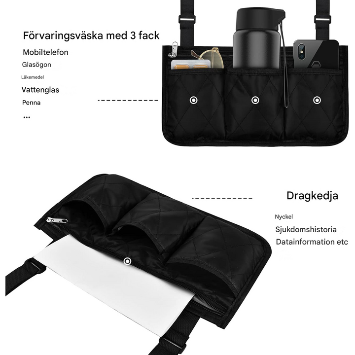 Rullstolsväska med flera fickor och justerbar fästning