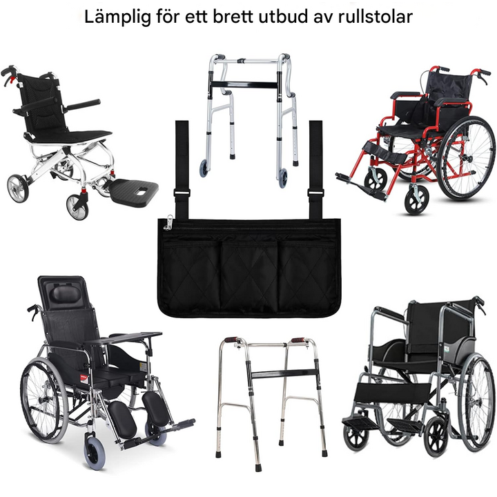 Rullstolsväska med flera fickor och justerbar fästning