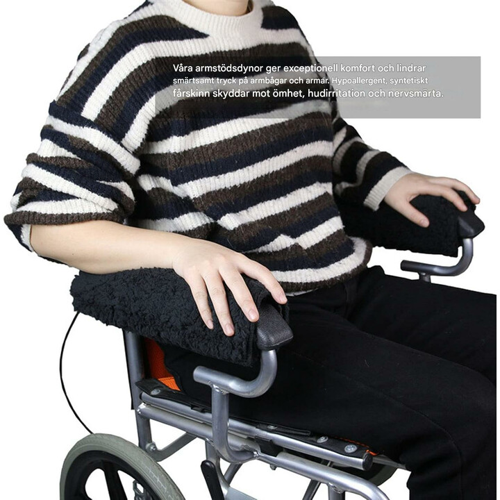 Mjuka rullstolshandtagsskydd med fårulls­fodring