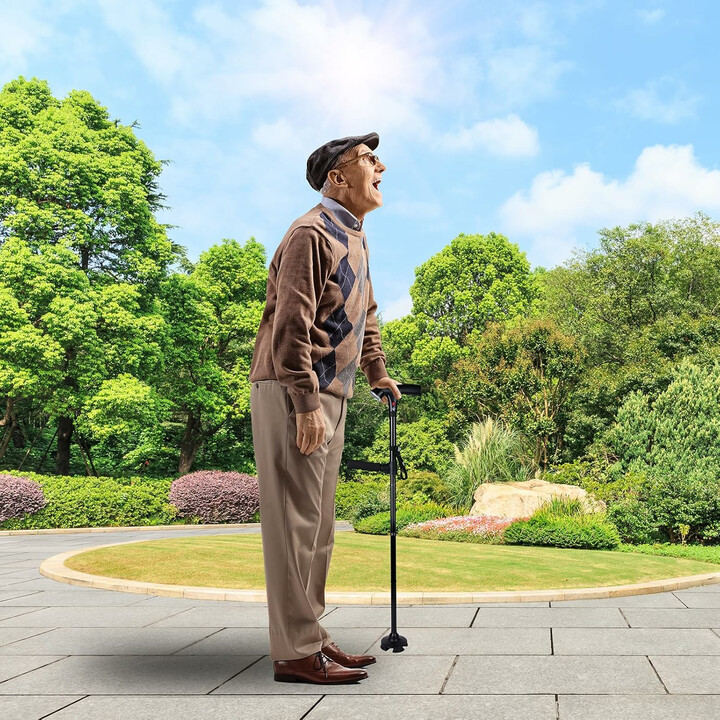 Gångstav med LED-lampa, larm och fyrhuvad säker bas