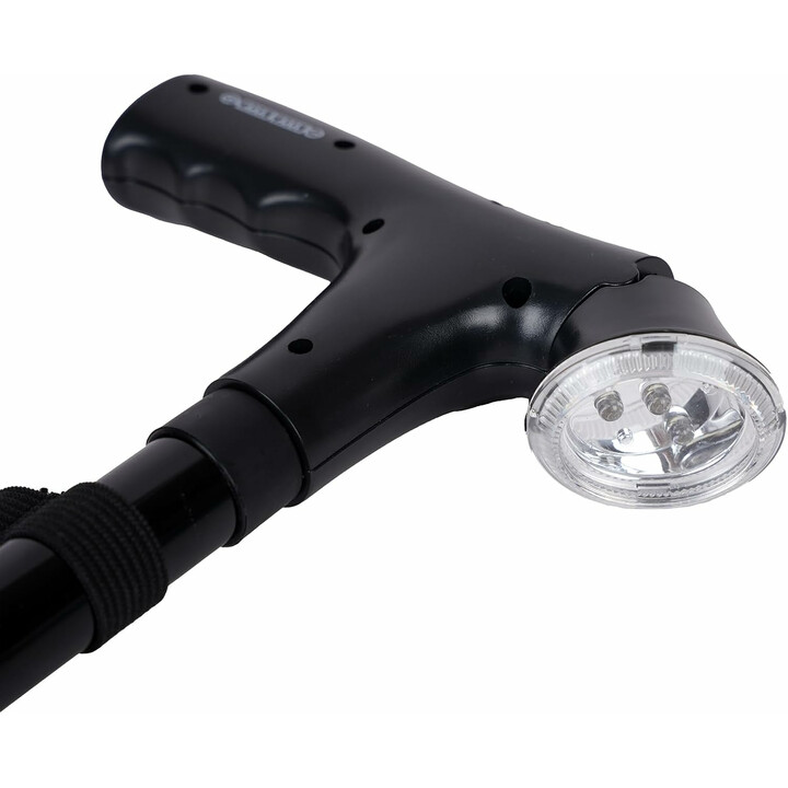 Gångstav med LED-lampa, larm och fyrhuvad säker bas