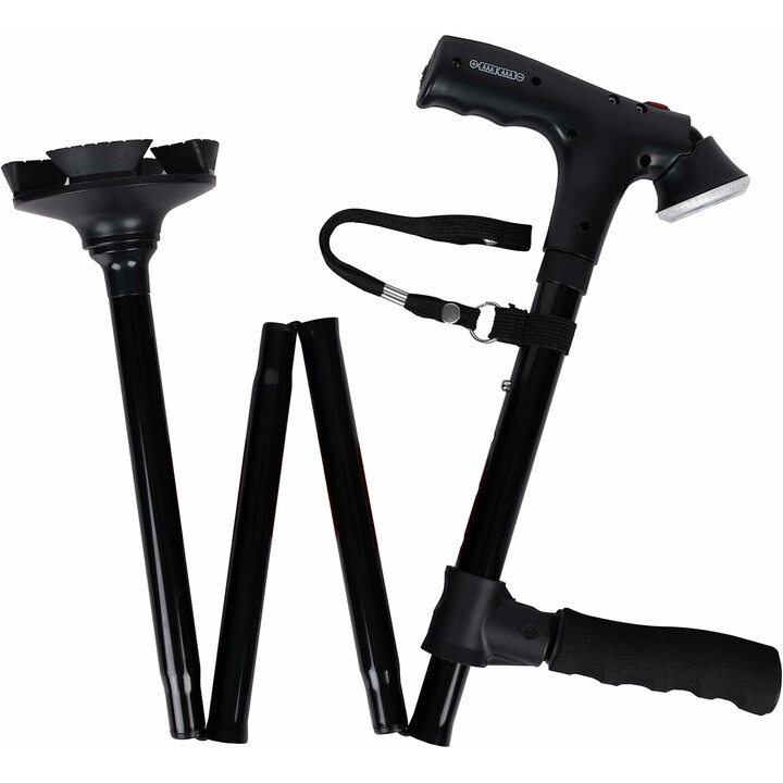 Gångstav med LED-lampa, larm och fyrhuvad säker bas