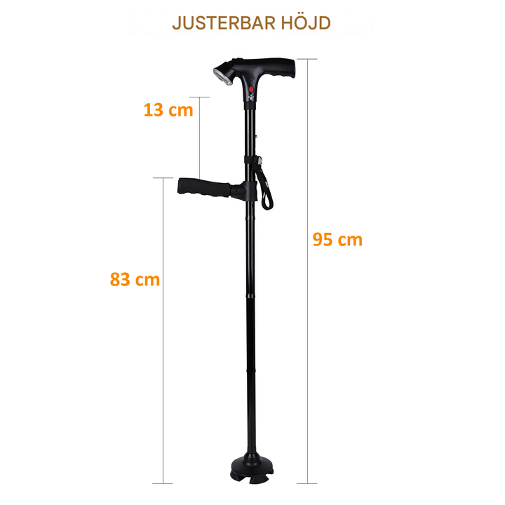 Gångstav med LED-lampa, larm och fyrhuvad säker bas