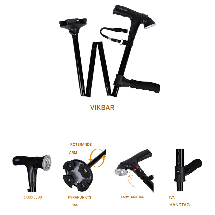 Gångstav med LED-lampa, larm och fyrhuvad säker bas