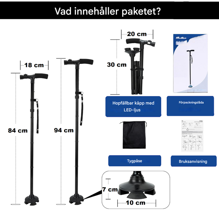 Trefällig käpp med LED-lampa och larmfunktion