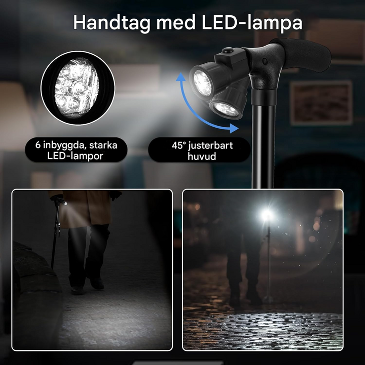 Trefällig käpp med LED-lampa och larmfunktion