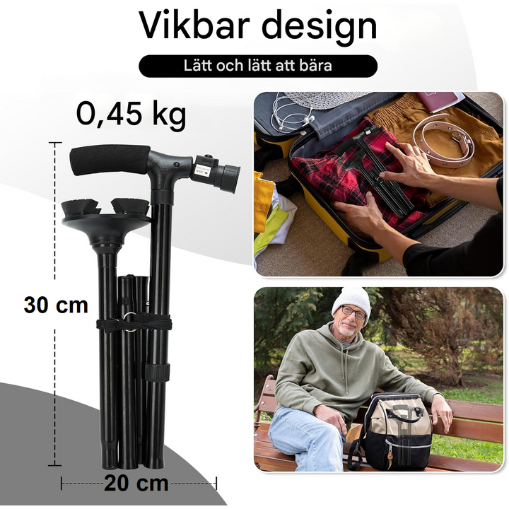 Trefällig käpp med LED-lampa och larmfunktion