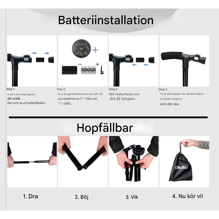Trefällig käpp med LED-lampa och larmfunktion