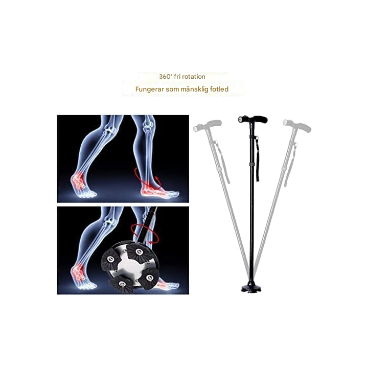 Trefällig käpp med LED-lampa och larmfunktion