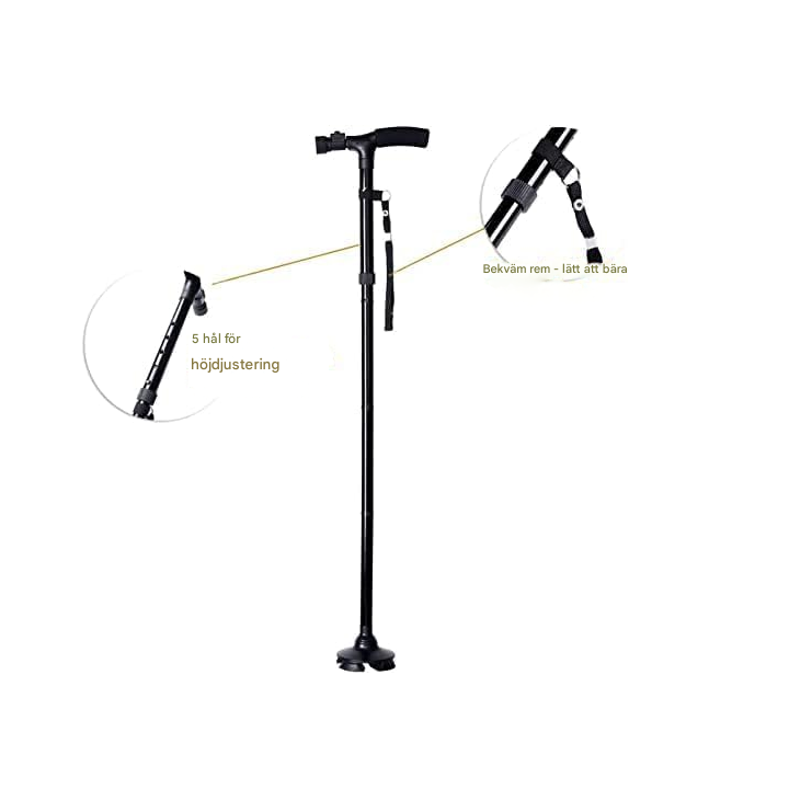 Trefällig käpp med LED-lampa och larmfunktion