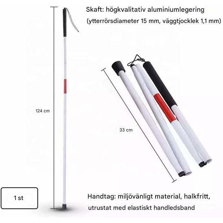 Vit, reflekterande promenadstav för svagtseende, hopfällbar