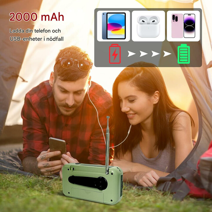 Multifunktionell nödradio med powerbank, ficklampa och vevladdning