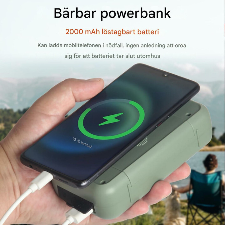 Multifunktionell nödradio med powerbank, ficklampa och vevladdning