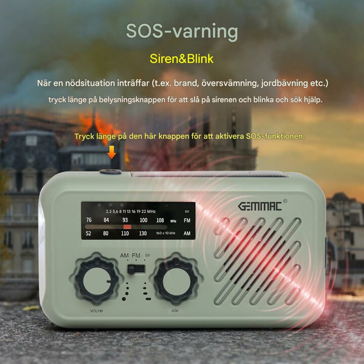 Multifunktionell nödradio med powerbank, ficklampa och vevladdning
