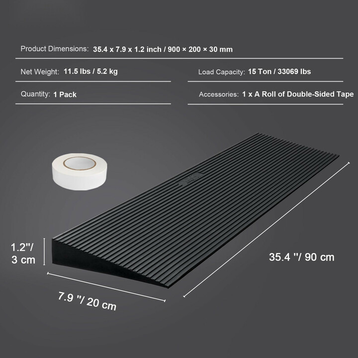 Leikattava kynnysluiska 3 cm, 90 x 20 cm täyskumi, luistamaton luiska pyörätuolille ja siivousrobotille, D001