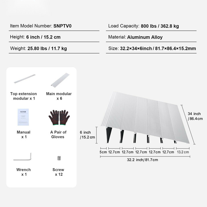 Alumiininen kynnysramppi 15,2 cm nousu 363 kg kantavuus pyörätuoleille ja skoottereille säädettävä modulaarinen SNPTV0