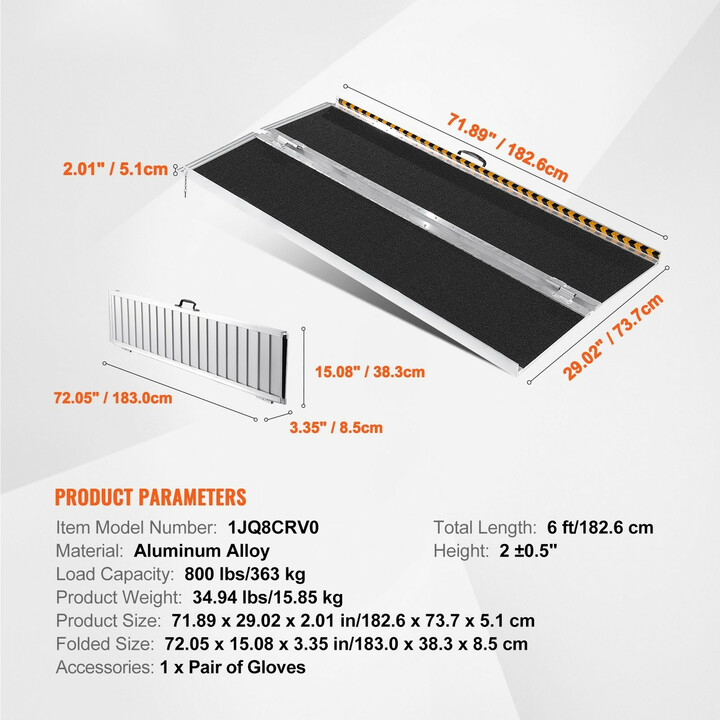 Kannettava taitettava pyörätuoliramppi 183 cm 363 kg alumiinia kynnyksille portaisiin oviaukkoihin