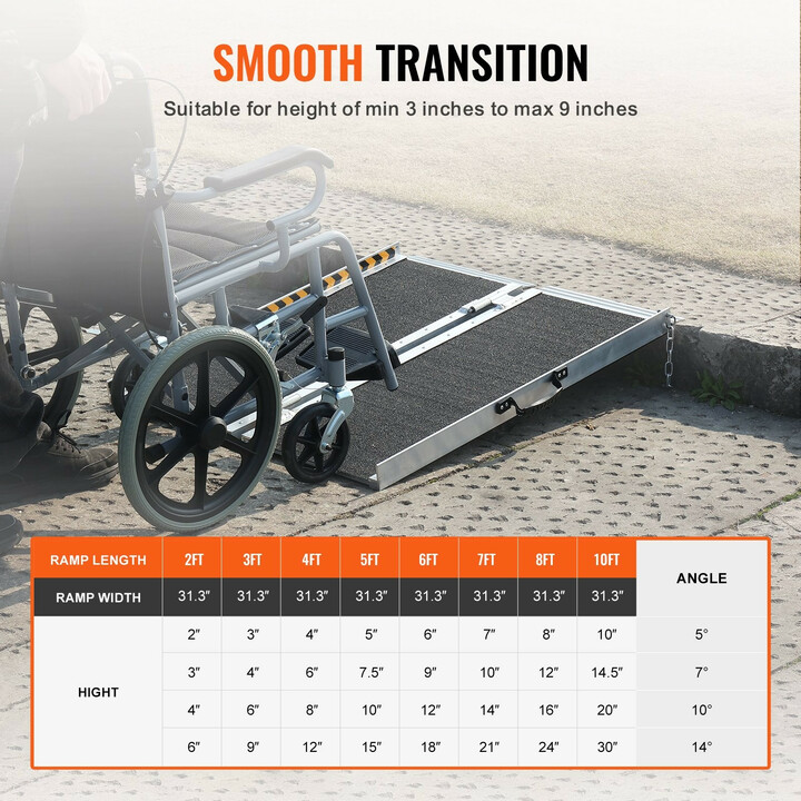 Taitettava pyörätuoliramppi 91,4 cm 363 kg alumiinia liukuestepinta kynnyksille ja portaisiin