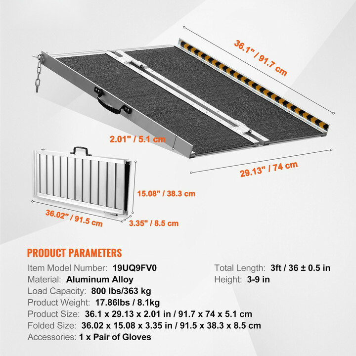 Taitettava pyörätuoliramppi 91,4 cm 363 kg alumiinia liukuestepinta kynnyksille ja portaisiin