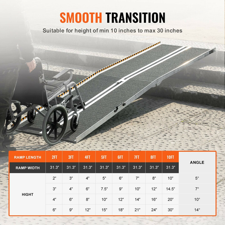 Taitettava pyörätuoliramppi 305 cm 363 kg alumiini liukuestepinta kynnyksille ja portaisiin