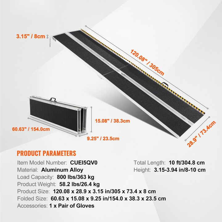 Taitettava pyörätuoliramppi 305 cm 363 kg alumiini liukuestepinta kynnyksille ja portaisiin