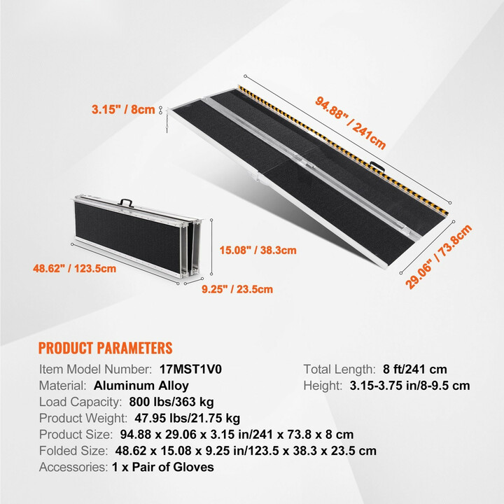 Taitettava pyörätuoliramppi 243,8 cm 363 kg alumiini liukueste kotiportaisiin ja kynnyksille