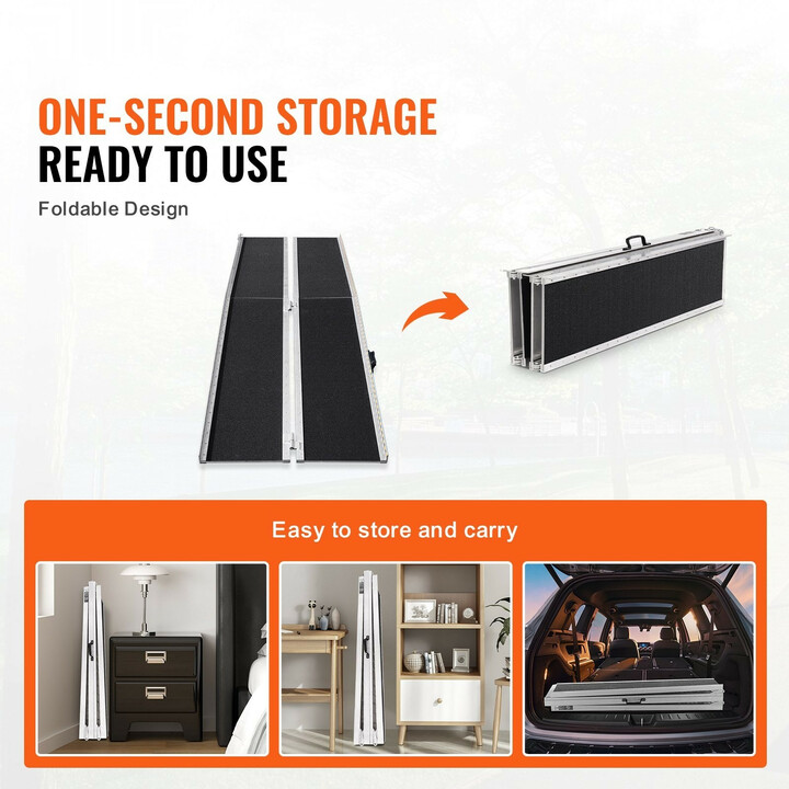 Taitettava pyörätuoliramppi 213 cm alumiini 363 kg liukuestepinta portaisiin ja kynnyksiin