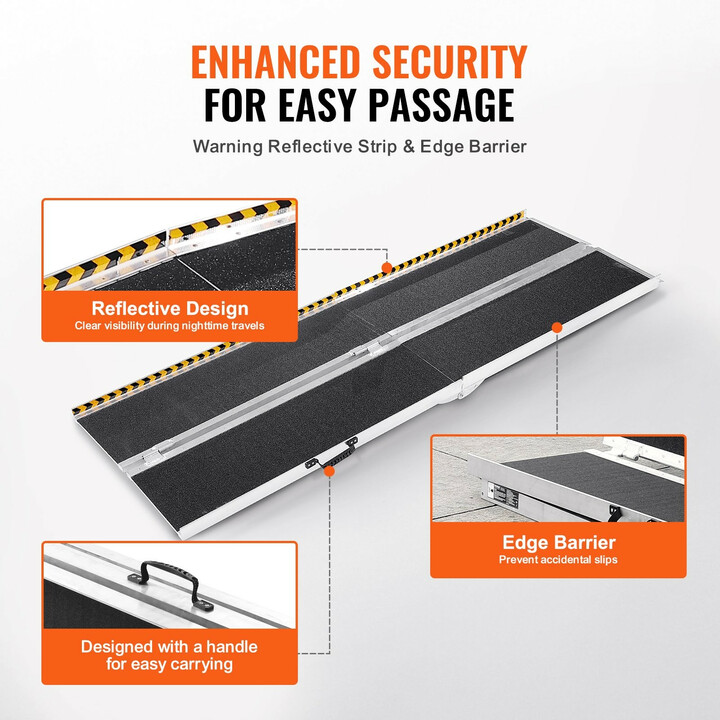 Taitettava pyörätuoliramppi 213 cm alumiini 363 kg liukuestepinta portaisiin ja kynnyksiin