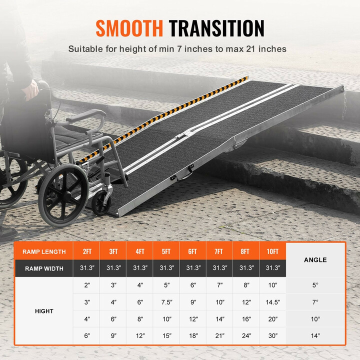 Taitettava pyörätuoliramppi 213 cm alumiini 363 kg liukuestepinta portaisiin ja kynnyksiin