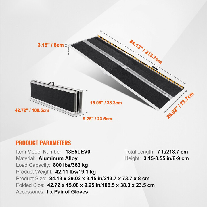 Taitettava pyörätuoliramppi 213 cm alumiini 363 kg liukuestepinta portaisiin ja kynnyksiin