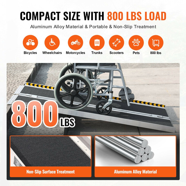 Taitettava alumiininen pyörätuoliramppi 152 cm, liukuestepinta, kantavuus 363 kg, malli 12YUIHV0