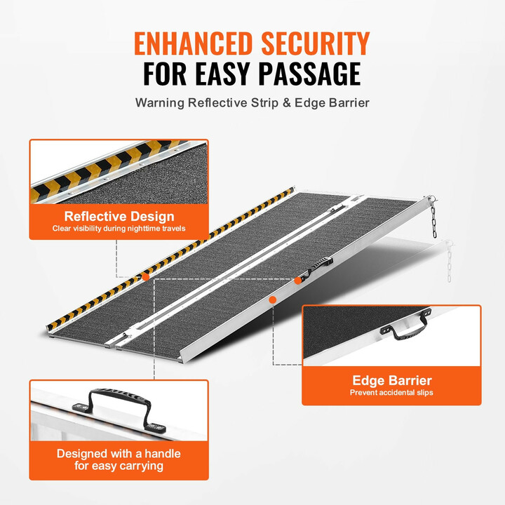 Taitettava alumiininen pyörätuoliramppi 152 cm, liukuestepinta, kantavuus 363 kg, malli 12YUIHV0