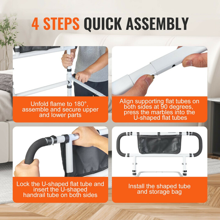 Sängyn tukikaide aikuisille, 180° kääntyvä, säädettävä korkeus 730–1030 mm, liukumaton kahva, säilytystasku