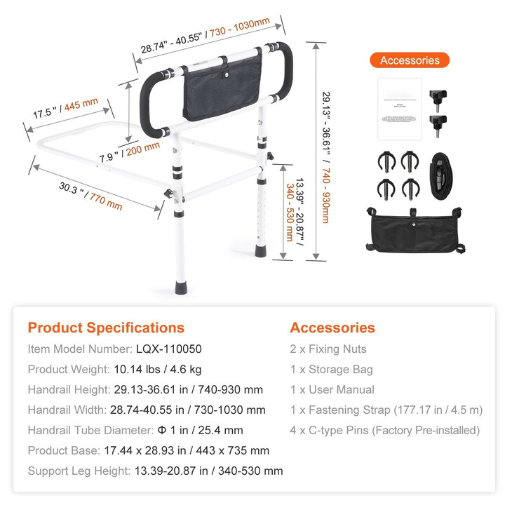Sängyn tukikaide aikuisille, 180° kääntyvä, säädettävä korkeus 730–1030 mm, liukumaton kahva, säilytystasku