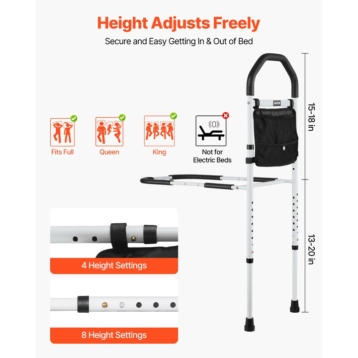 Sängynlaita aikuisille LQX-110055, säädettävä tukikaide, hiiliteräs, musta/valkoinen, kantavuus 136 kg