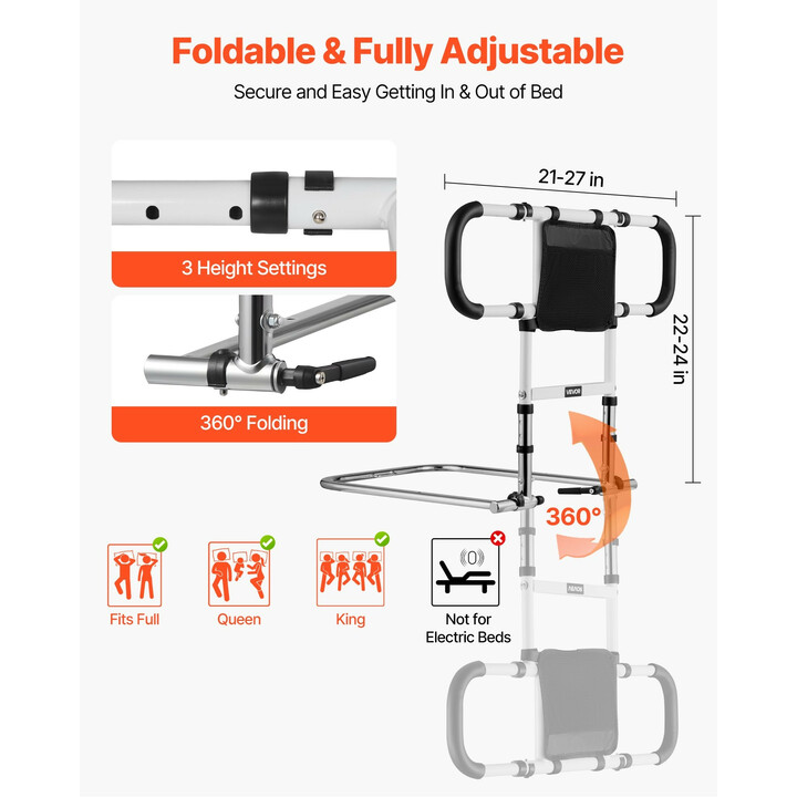 Sängynlaita ikääntyneille, taittuva ja jatkettava turvalaita, säädettävä hiiliterästä, PU-kahva, kantavuus 136 kg