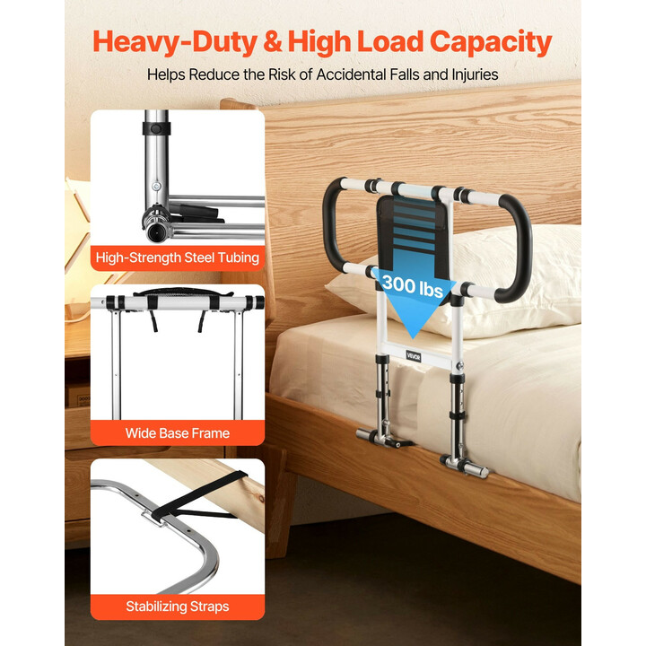 Sängynlaita ikääntyneille, taittuva ja jatkettava turvalaita, säädettävä hiiliterästä, PU-kahva, kantavuus 136 kg
