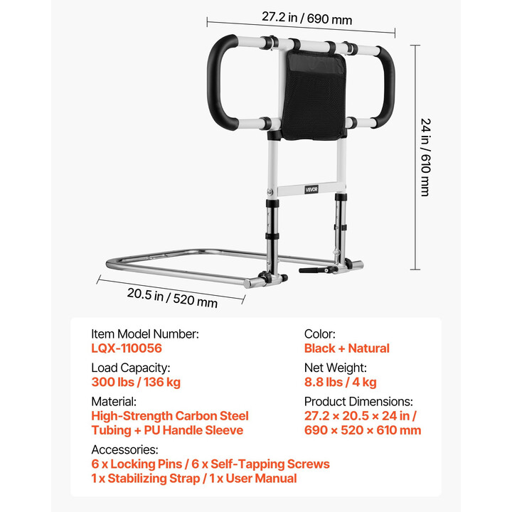 Sängynlaita ikääntyneille, taittuva ja jatkettava turvalaita, säädettävä hiiliterästä, PU-kahva, kantavuus 136 kg