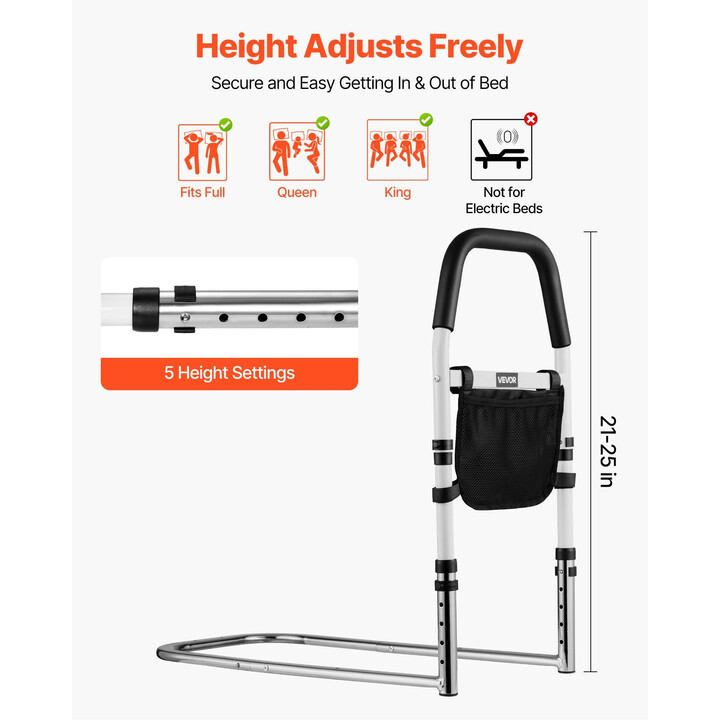 Säädettävä sängynlaita iäkkäille, hiiliteräsrunko, PU-kahva, kantavuus 136 kg