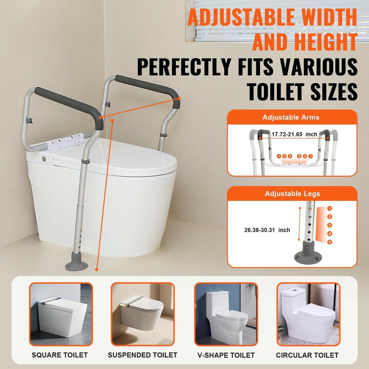 WC-turvakaide FBL900632, säädettävä leveys 450–550 mm ja korkeus 670–770 mm, alumiinia, max 136 kg, pehmustetut käsinojat