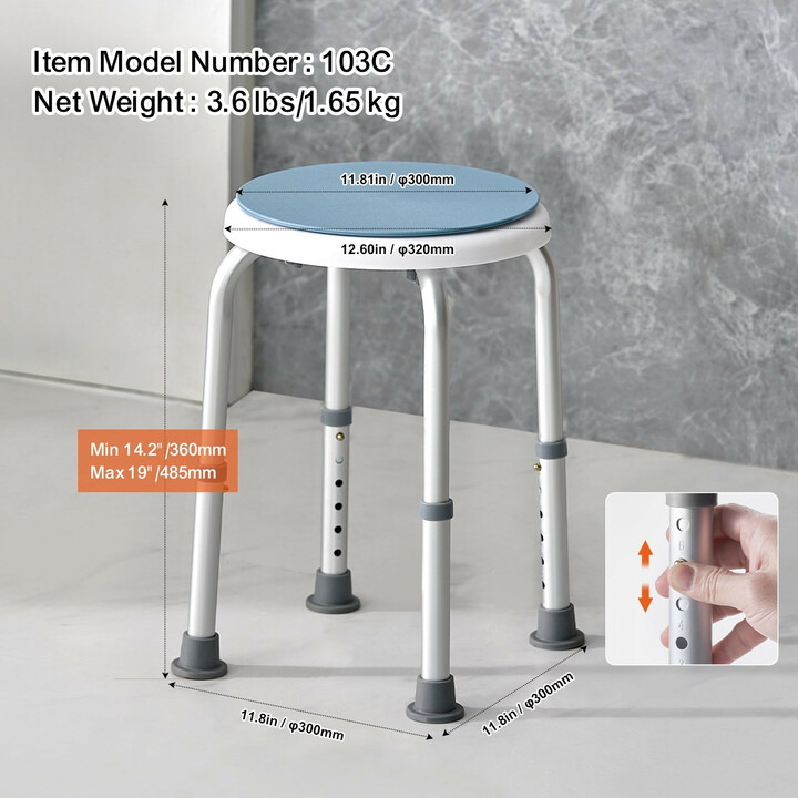Suihkujakkara 360° kääntyvä, säädettävä korkeus 360–485 mm, liukuestetassut, alumiini + PP, max 136,1 kg