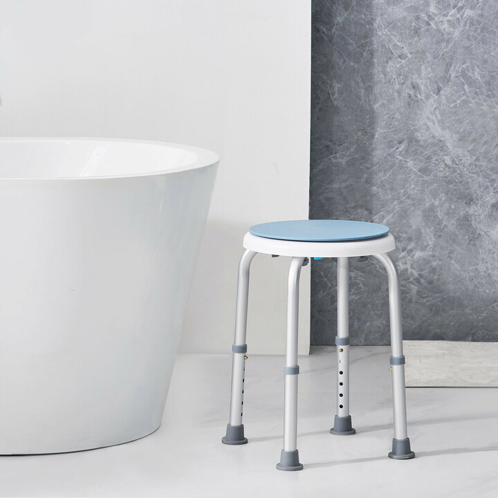 Suihkujakkara 360° kääntyvä, säädettävä korkeus 360–485 mm, liukuestetassut, alumiini + PP, max 136,1 kg