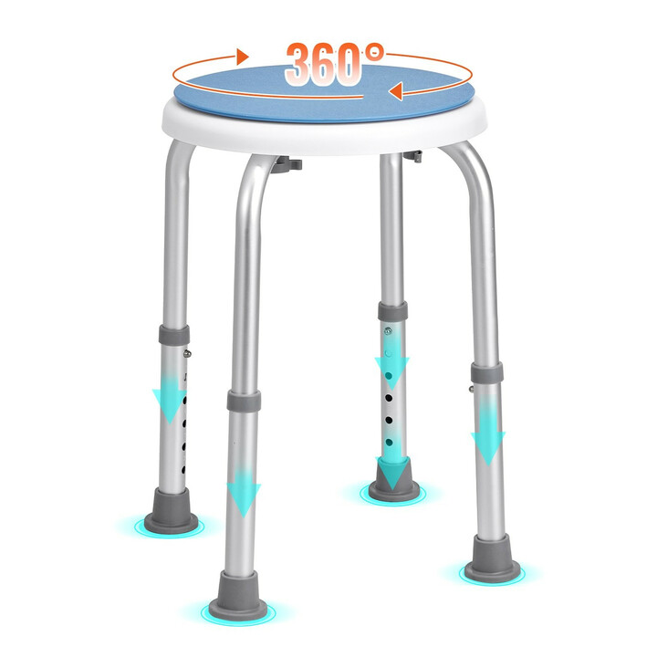 Suihkujakkara 360° kääntyvä, säädettävä korkeus 360–485 mm, liukuestetassut, alumiini + PP, max 136,1 kg