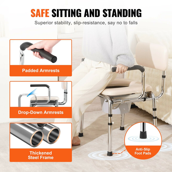 Säädettävä WC-tuoli selkänojalla ja pehmustetulla istuimella, teräsrunko, 7-portainen korkeussäätö, 158,8 kg kantavuus